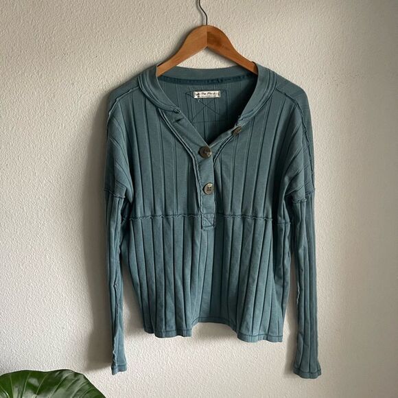 Free People Tops - Free People In The Mix Ribbed Henley Top in Ocean Blue